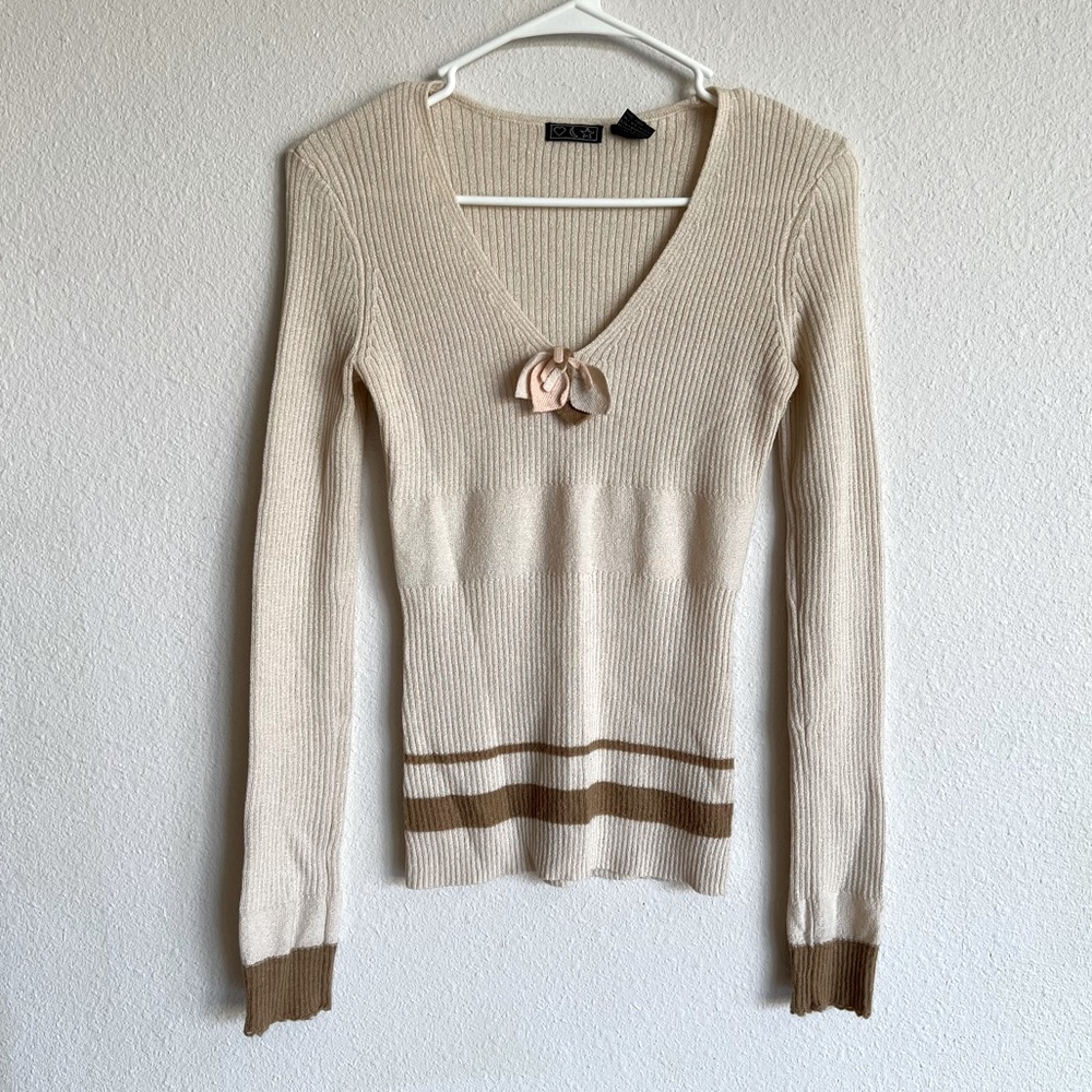 Tan Long Sleeve V-Neck Ribbed Sweater Top